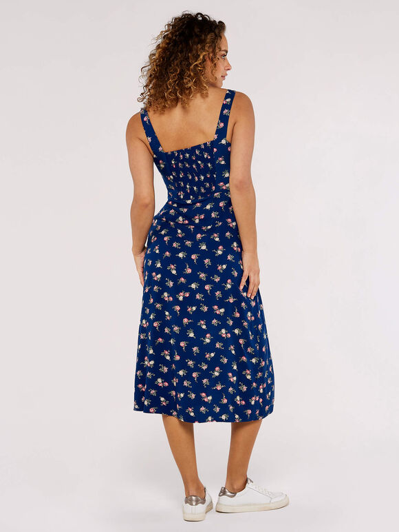 Floral Split Midi Dress, Blue, large