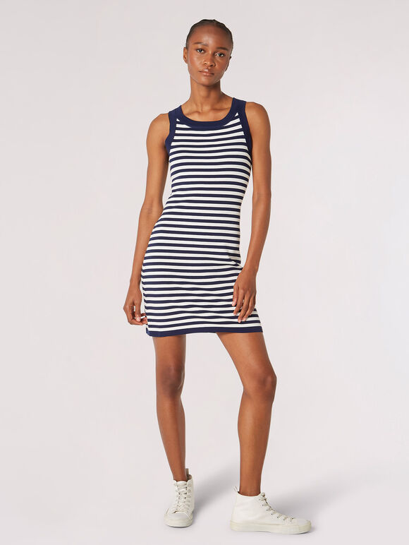 Stripe Knitted Bodycon Mini Dress, Navy, large