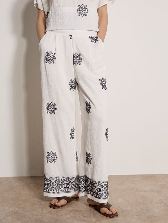 Paisley Embroidered Wide-Leg Trousers, White, large