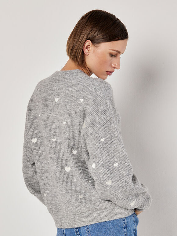 Embroidered Heart Jumper, Grey, large