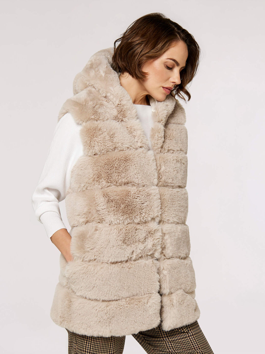 Faux Fur Long Cream Gilet Womens Faux Fur Hooded Longline Gilet