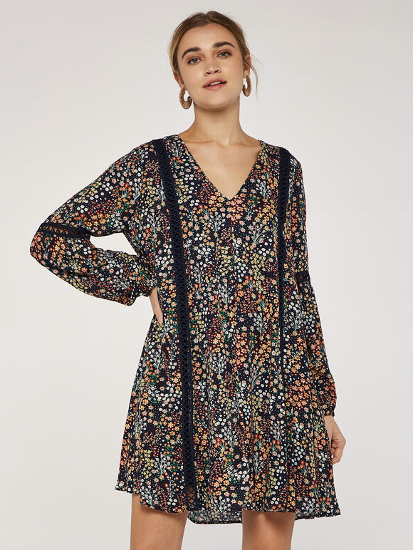 Floral Crochet Dress, Navy, large