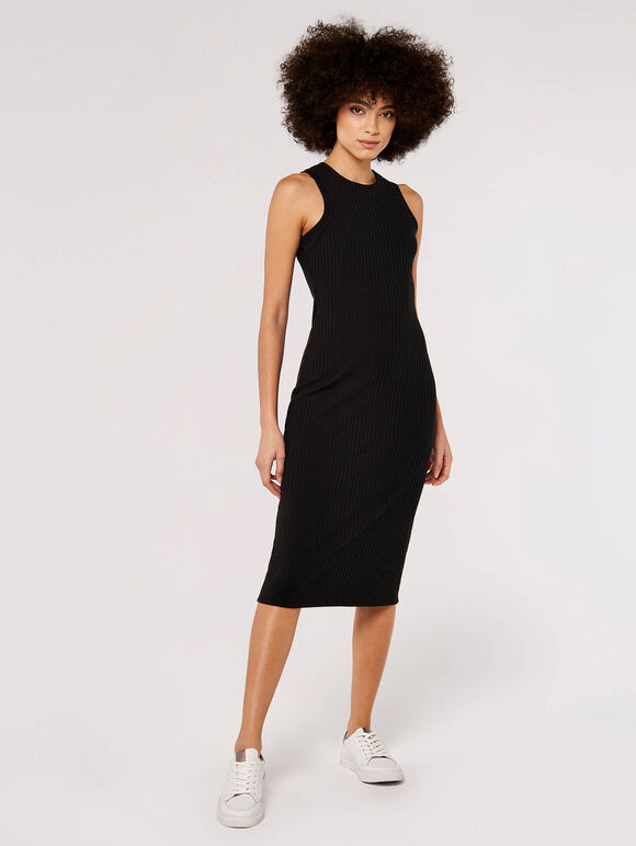 Ribbed Racer Midi Dress, Black, large