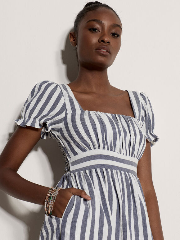 Stripe Milkmaid Midaxi Dress, Navy, large