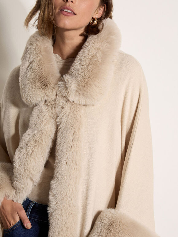 Faux Fur Trimmed Cape, Stone, large