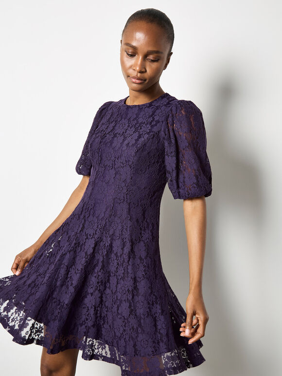 Floral Lace Skater Mini Dress, Purple, large