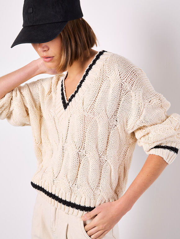Cropped Cable Cricket Jumper, Stone, large