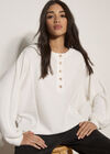 Waffle Knit Button Neck Top, Cream, large
