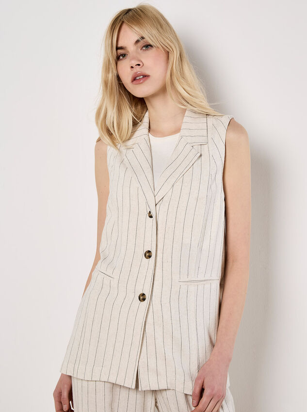 Longline Woven Pinstripe Waistcoat, Stone, large