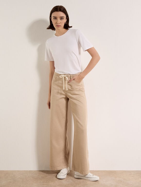 Erin Wide-Leg Cotton Drawstring Jeans, Stone, large