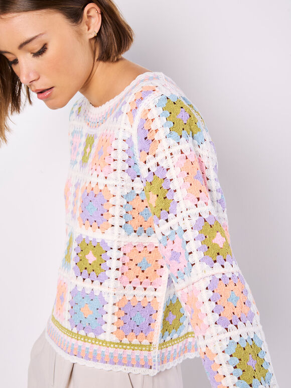 Pastel Crochet Squares Jumper, Blue, large