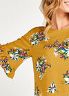 Yellow Floral Ruffle Sleeve Top, Mustard, large