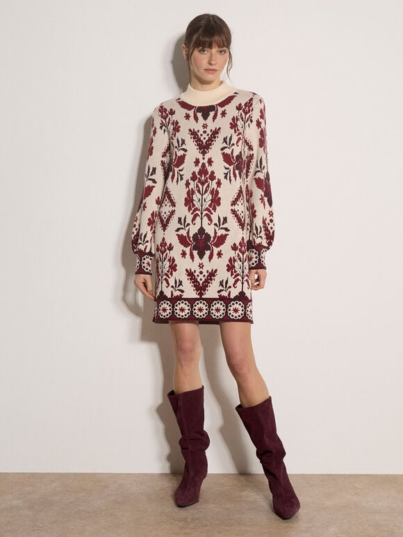 Folk Floral Mini Jumper Dress, Stone, large