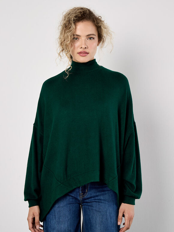 Mock Neck Oversized Soft Knit Top, Green, large