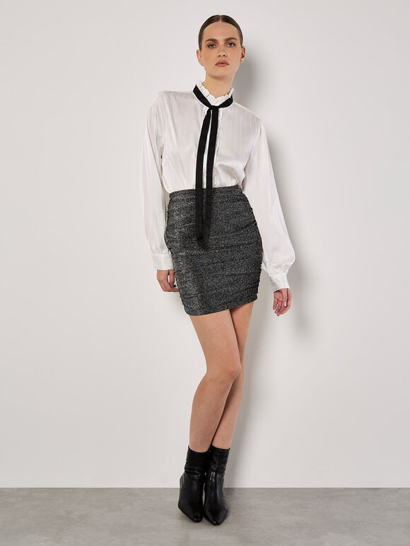Ruched Metallic Mini Skirt, Silver, large