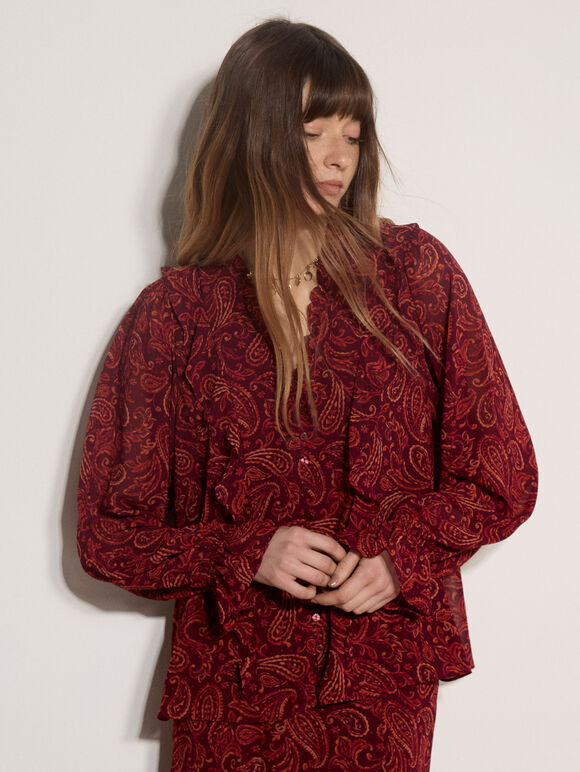Paisley Chiffon Ruffle Blouse, Burgundy, large