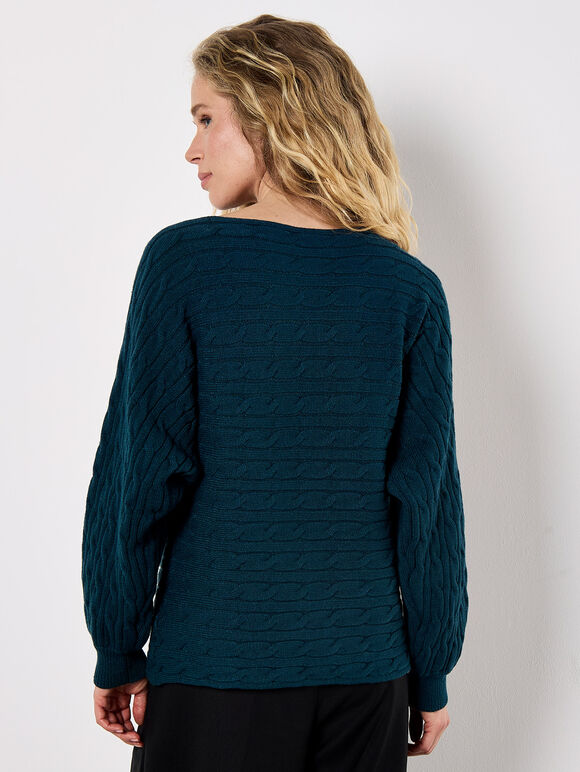 Cable Stripe Batwing Aran Jumper, Teal, large