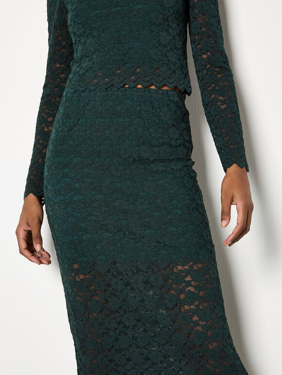 Floral Leaf Lace Midi Skirt, Green, large