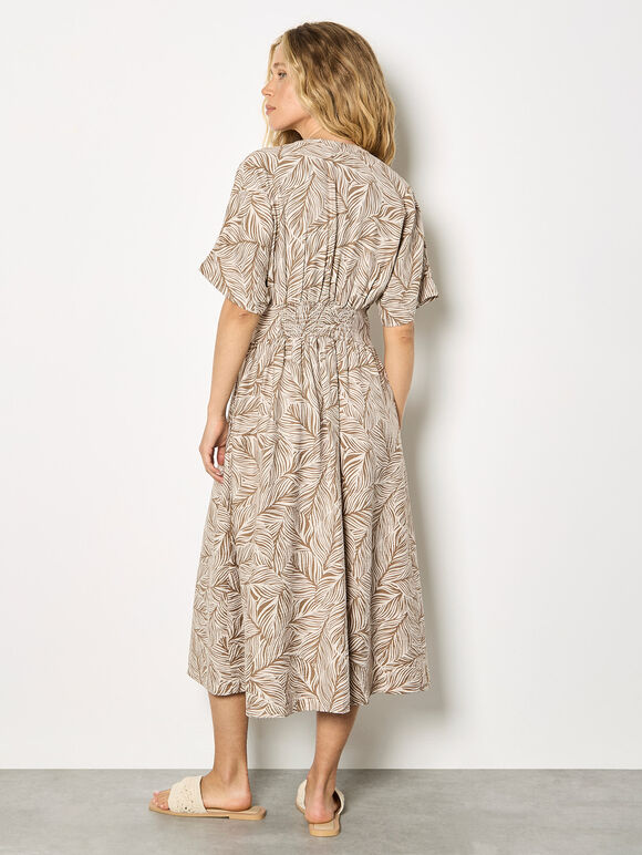 Leaf Print Shirt Midi Dress, Stone, large