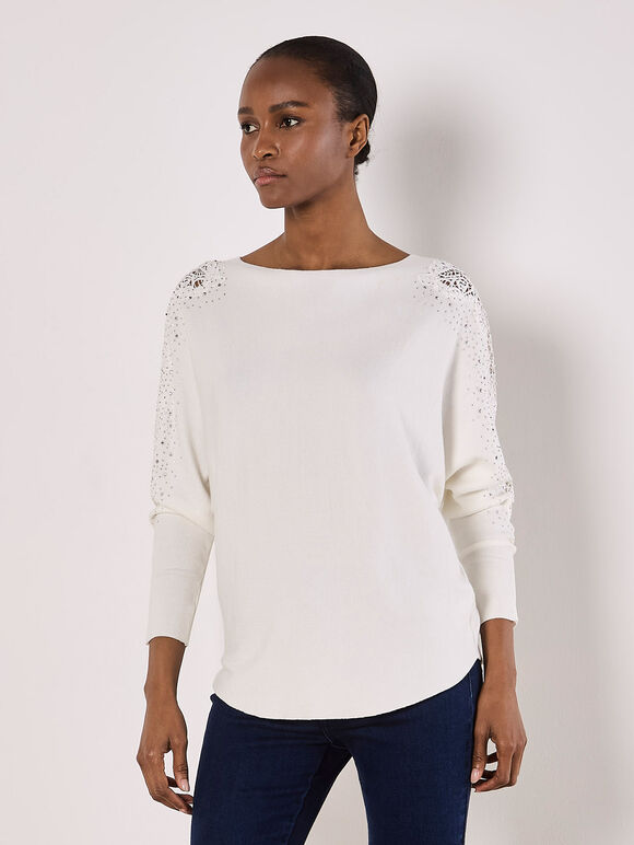 Lace Rhinestone Embellished Jumper, White, large