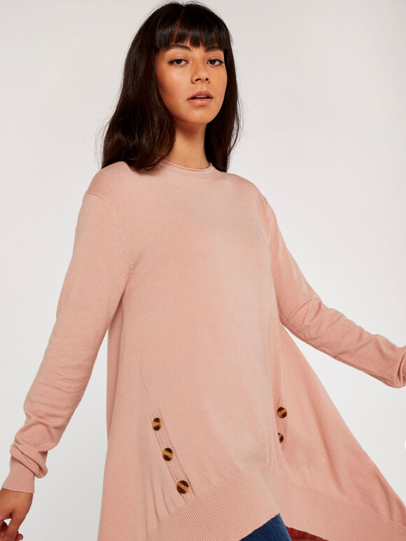 Longline Side Button Jumper, Pink, large
