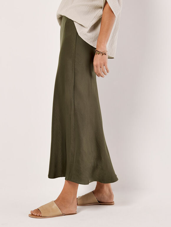 Satin Bias Midi Skirt, Khaki, large