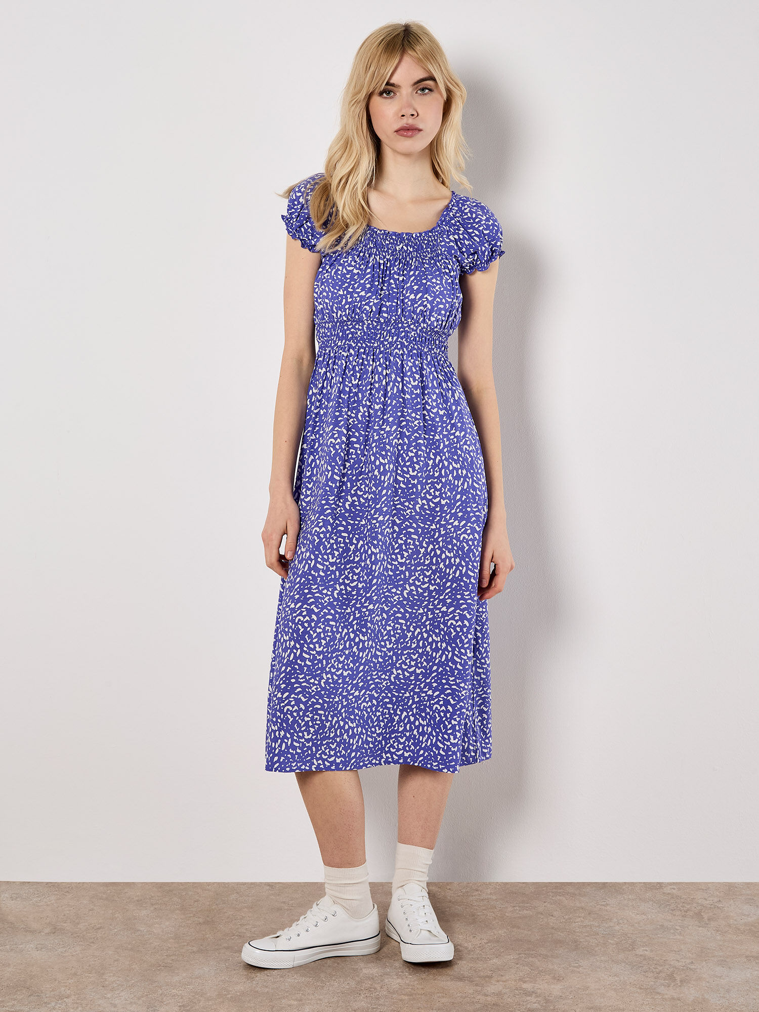 Brush Spot Milkmaid Midi Dress | Apricot Clothing