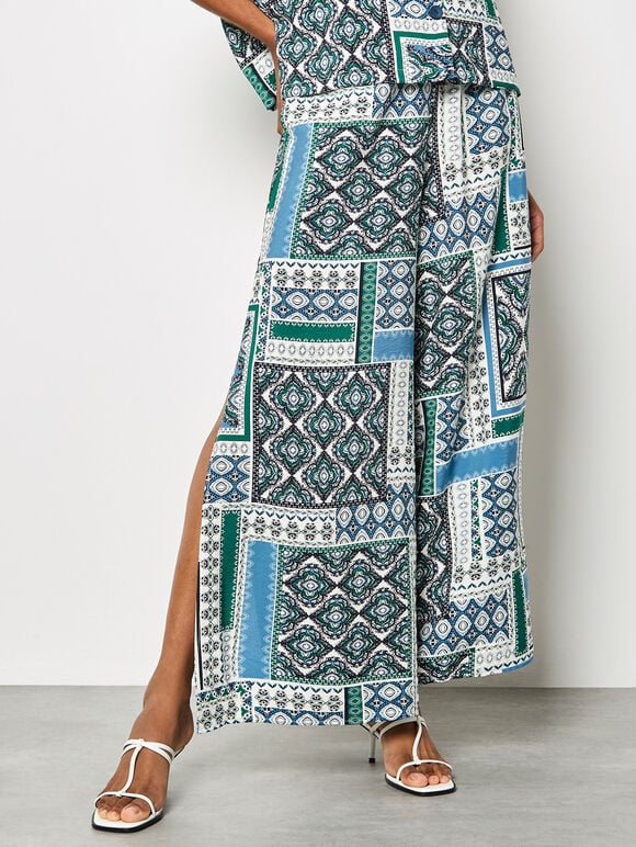 Folk Patchwork Wide Leg Trousers, Blue, large