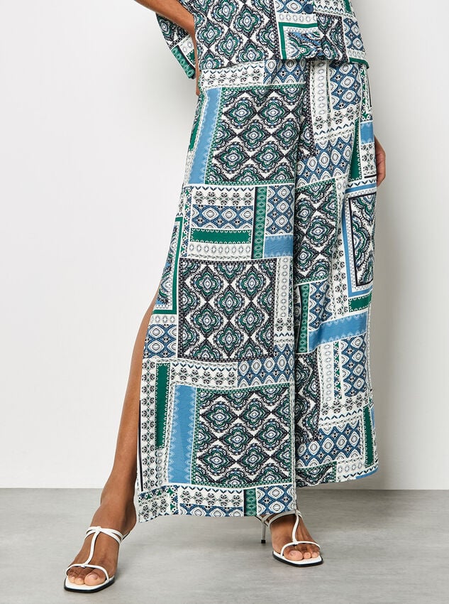 Folk Patchwork Wide Leg Trousers, Blue, large