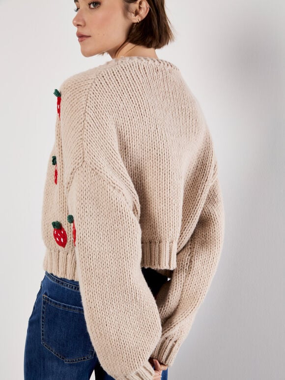 Chunky Knit Strawberry Cardigan, Stone, large