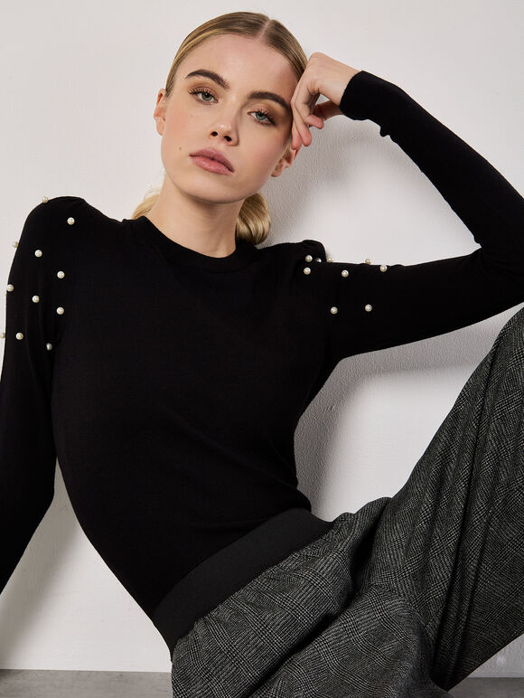 Pearl Embellished Fine Knit Jumper, Black, large