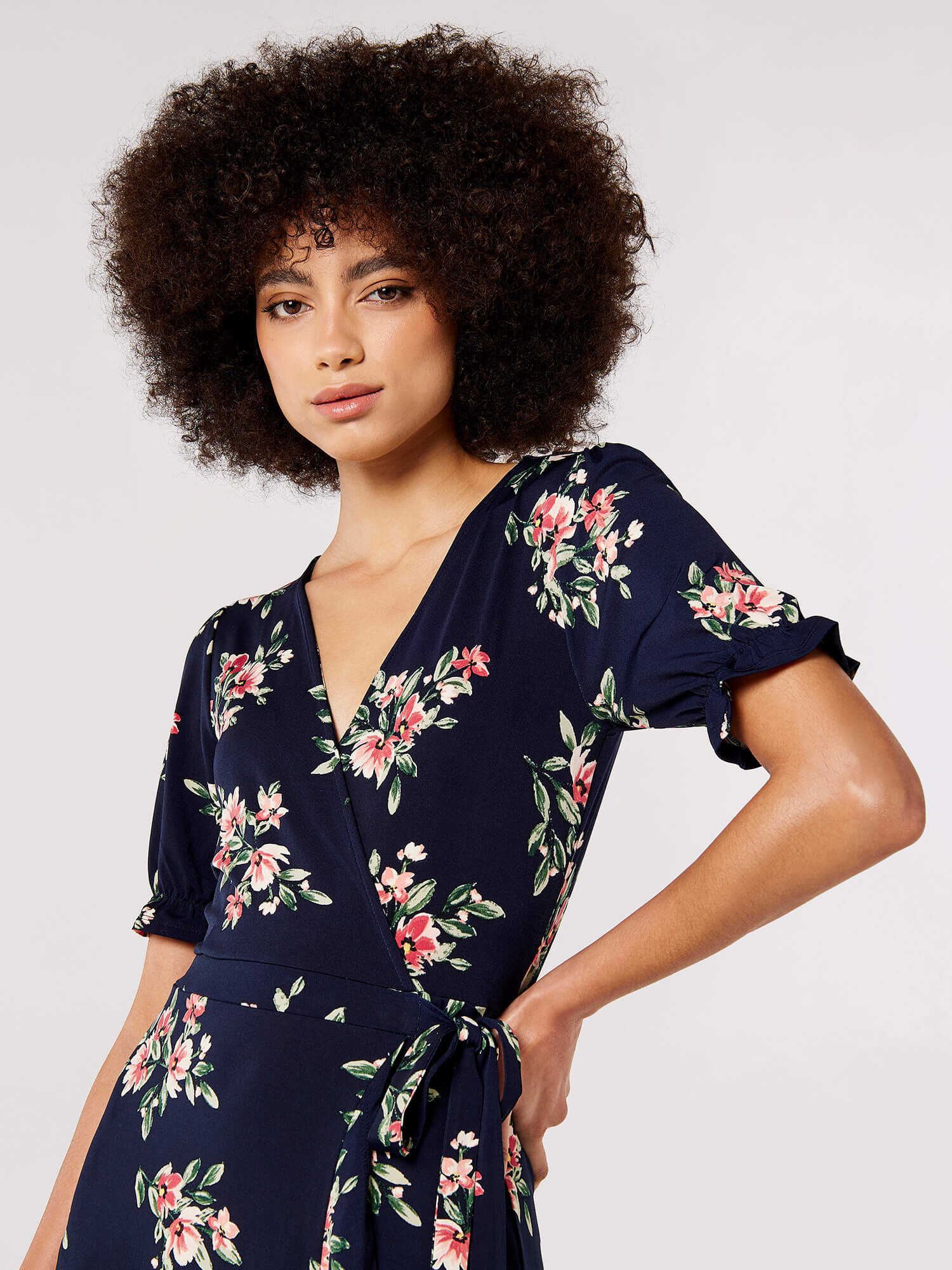 Navy floral wrap midi dress store