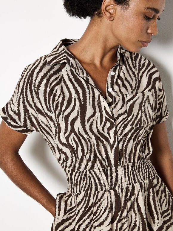 Zebra Print Shirt Midi Dress, Stone, large