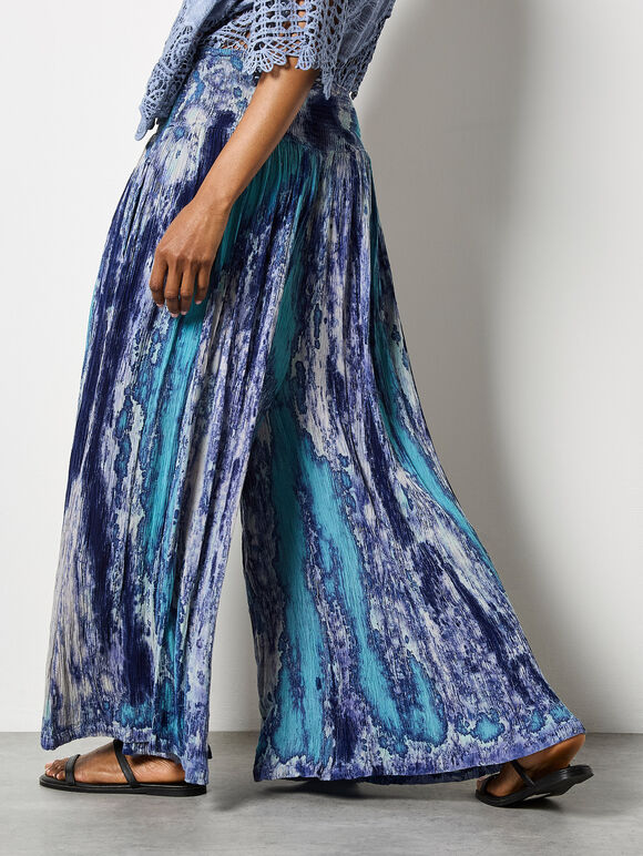 Tie Dye Crinkle Palazzo Trousers, Navy, large