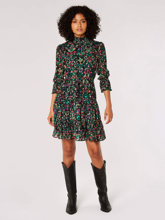 Gold Foil Paisley Mini Dress, Black, large