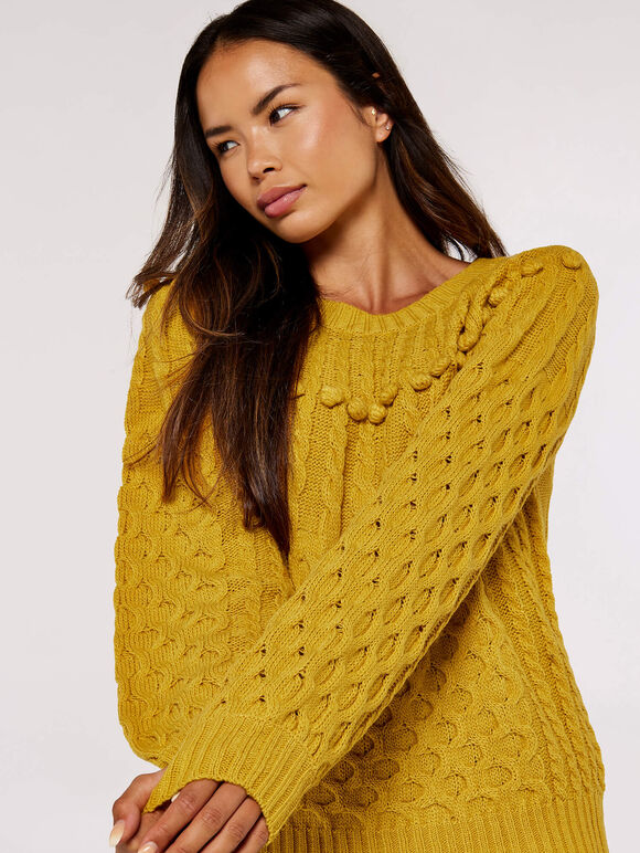 Aran Knit Pom Pom Jumper, Mustard, large