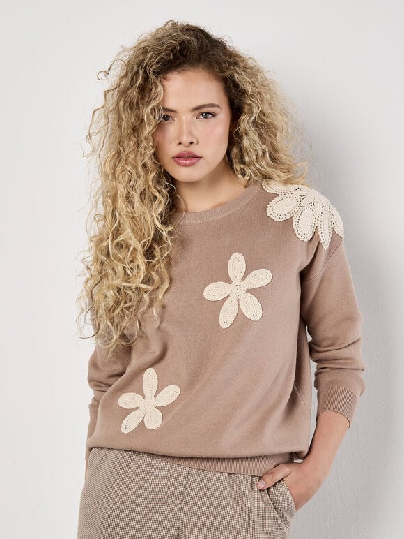 Crochet Daisies Jumper, Stone, large