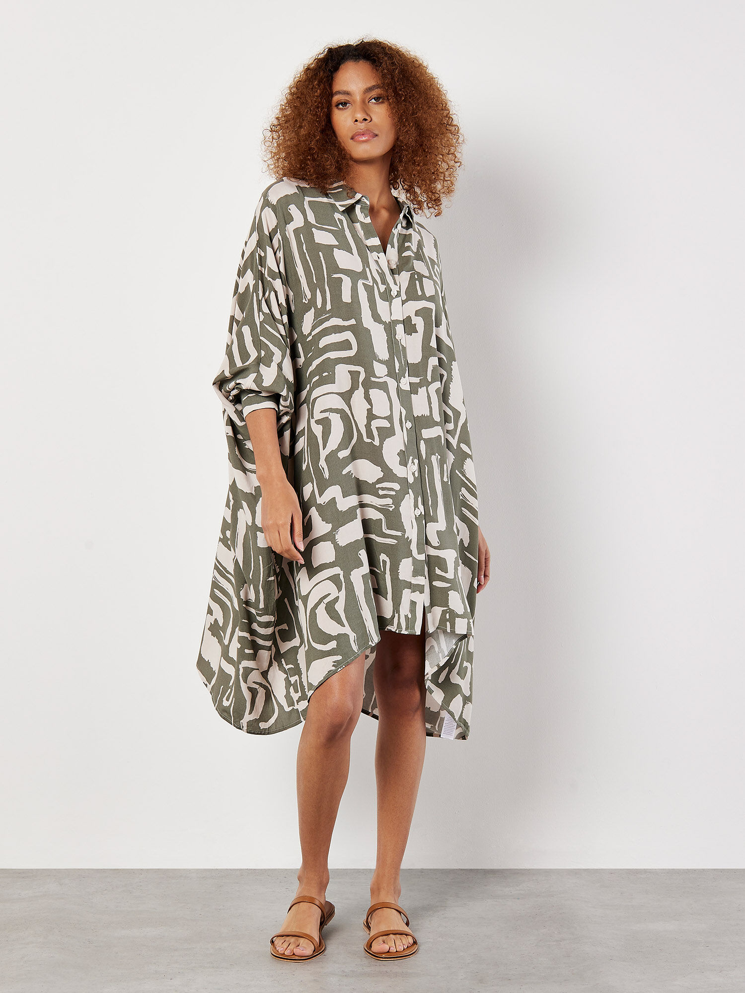 Grecian Geo Oversized Shirt Mini Dress Apricot Clothing