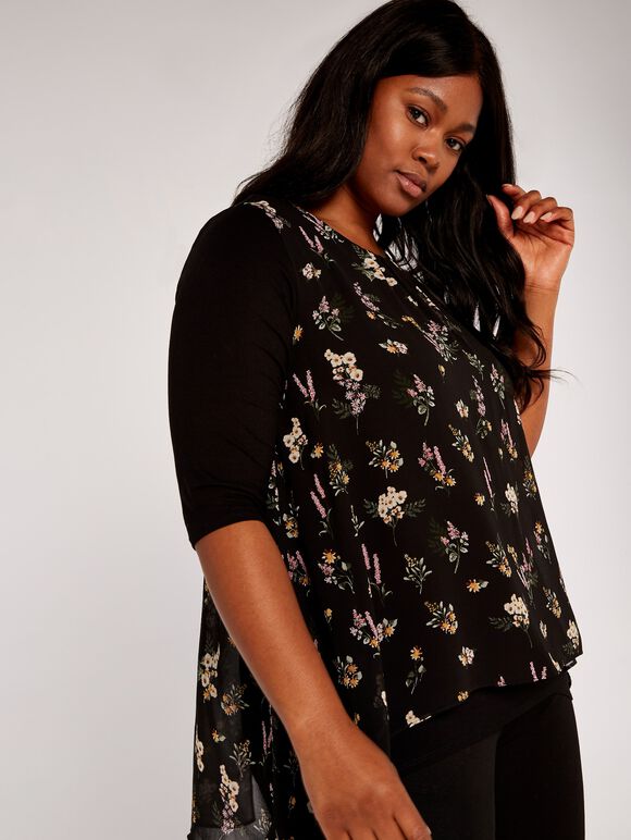Curve Botanical Print Top, Black, large