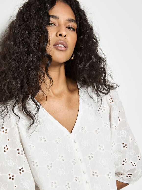 Daisy Broderie Anglaise Button Top, White, large