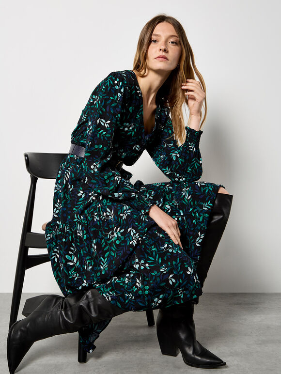 Eucalyptus Leaf Print Maxi Dress, Black, large