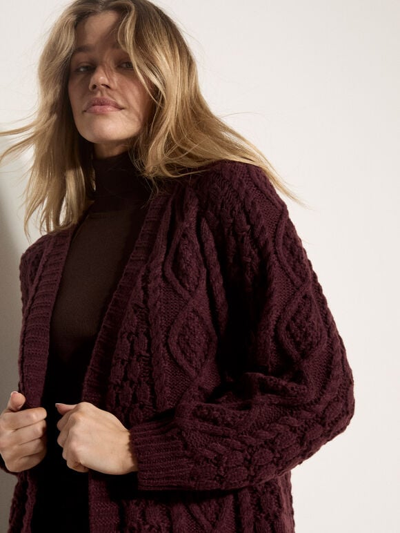 Chunky Cable Knit Longline Cardigan, Plum, large