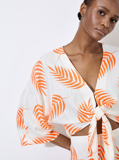 Tropical Leaf Tie Hem Crop Top
