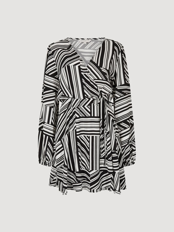 Mixed Stripes Mini Wrap Dress, Black, large