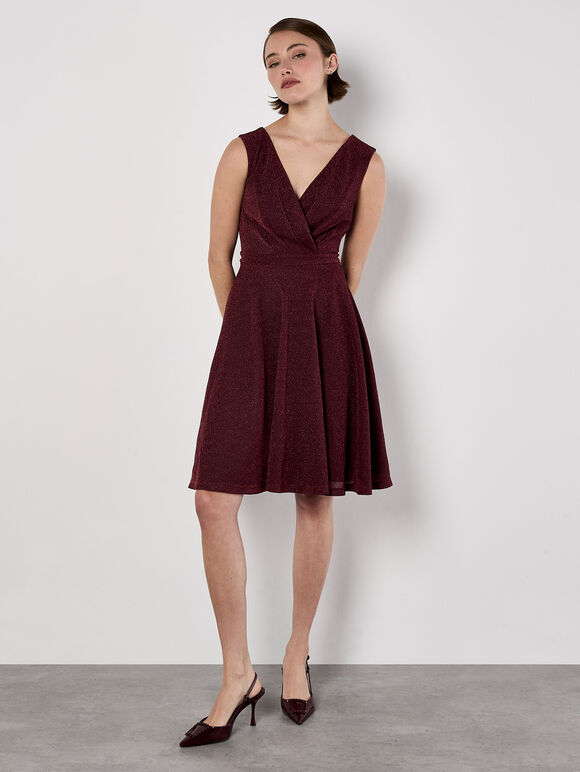 Metallic Pleat Skater Mini Dress, Burgundy, large