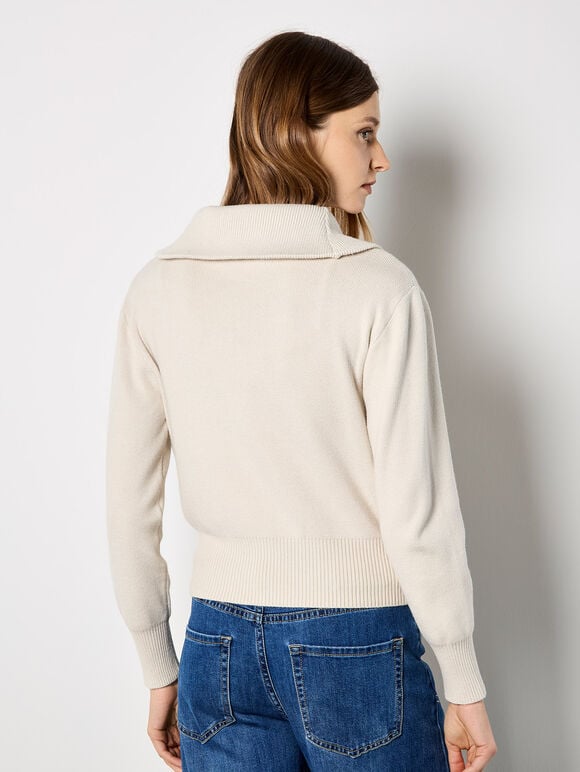 Double Zip Ribbed Knit Cardigan, Stone, large