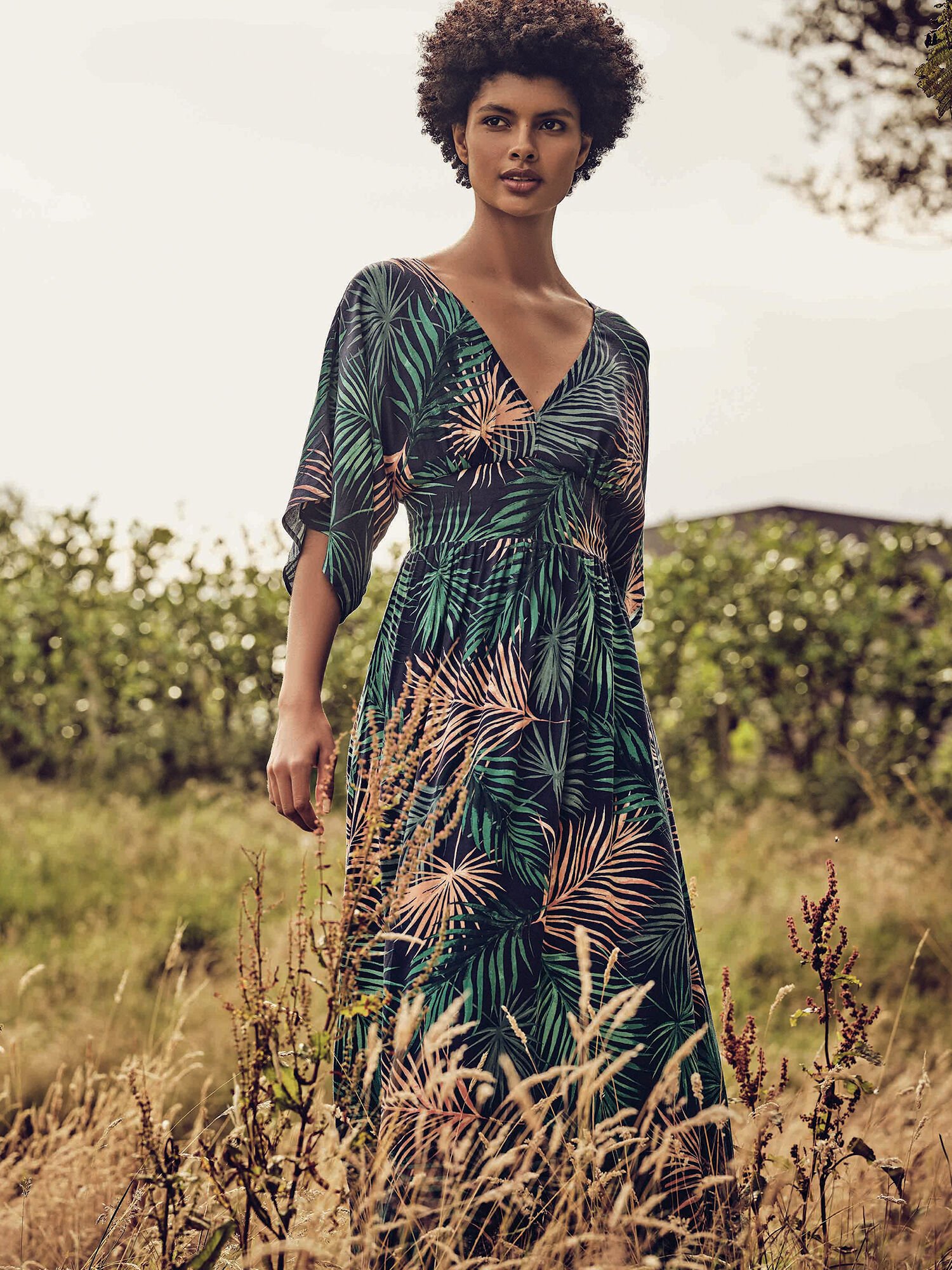 Tropical Leaf Maxi Dress Apricot Clothing