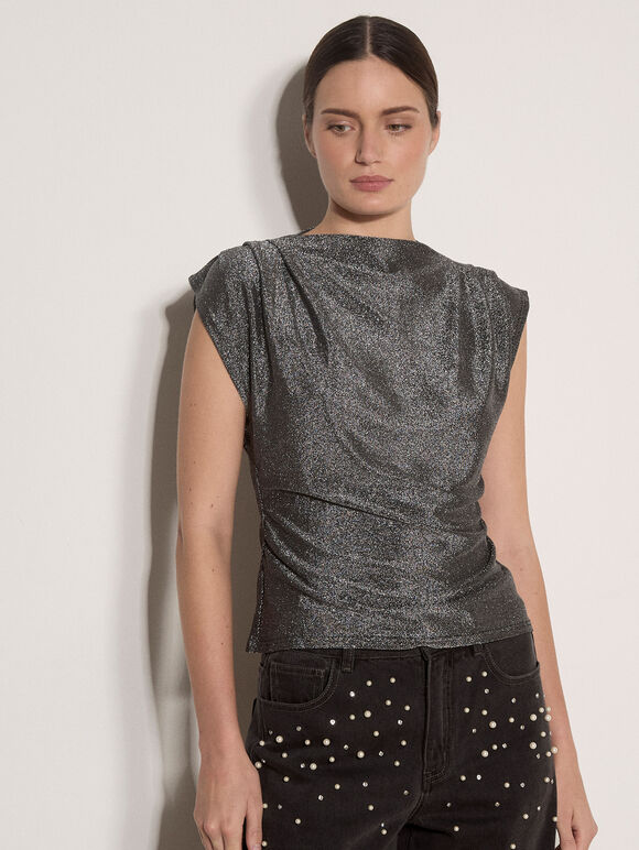 Ruched Shimmer Top, Silver, large
