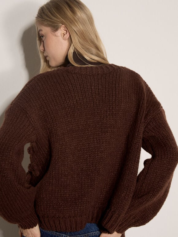 Rose Applique Chunky Knit Cardigan, Brown, large