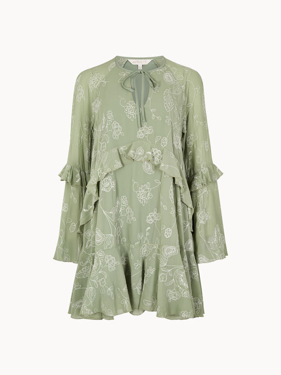 Chiffon Floral Embroidered Mini Dress, Mint, large